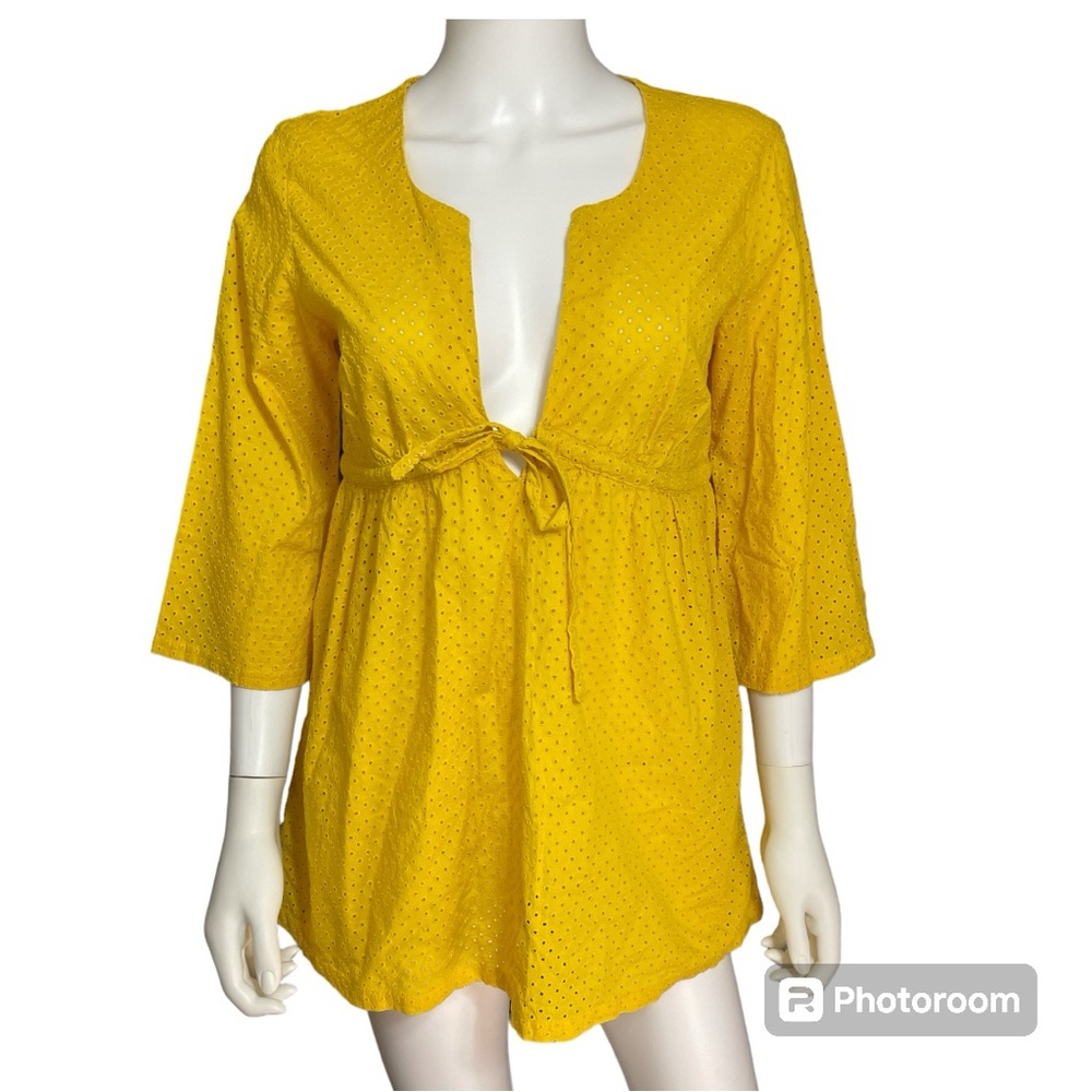 J. Crew Mustard Yellow Eyelet V-Neck Tunic Blouse Cover Up Women's Size S